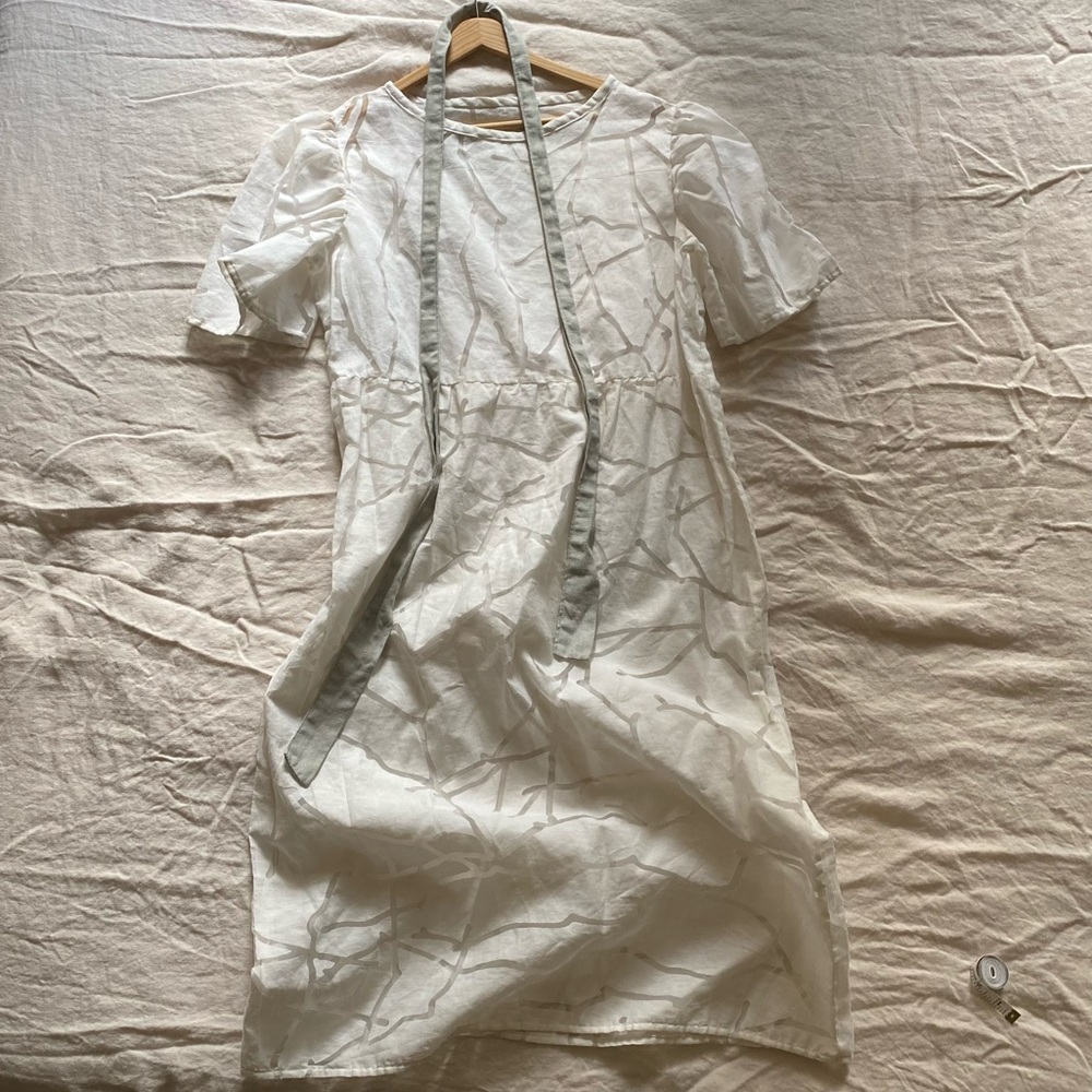 Millie + Lou Semi-sheer upcycled puff sleeve white dress with tie